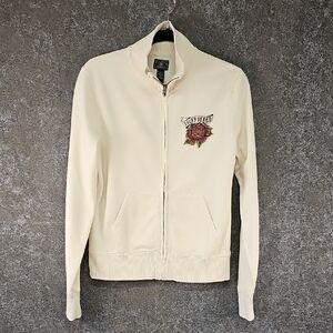 Vtg Lucky Brand Full Zip Sweatshirt Jacket, Peony Tattoo Art, Ivory, Sz L, NEW